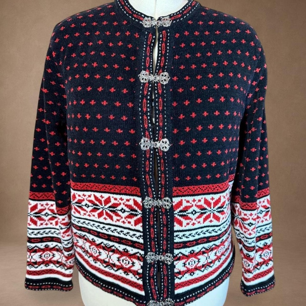 Black Red Cardigan Sweater Nordic Knit Toggle Closure pankou
